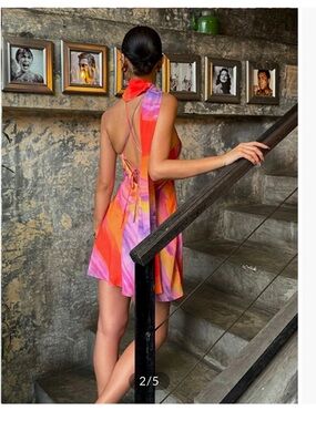 NWT Commense Pink Orange Tie-Back Halter Mini Dress